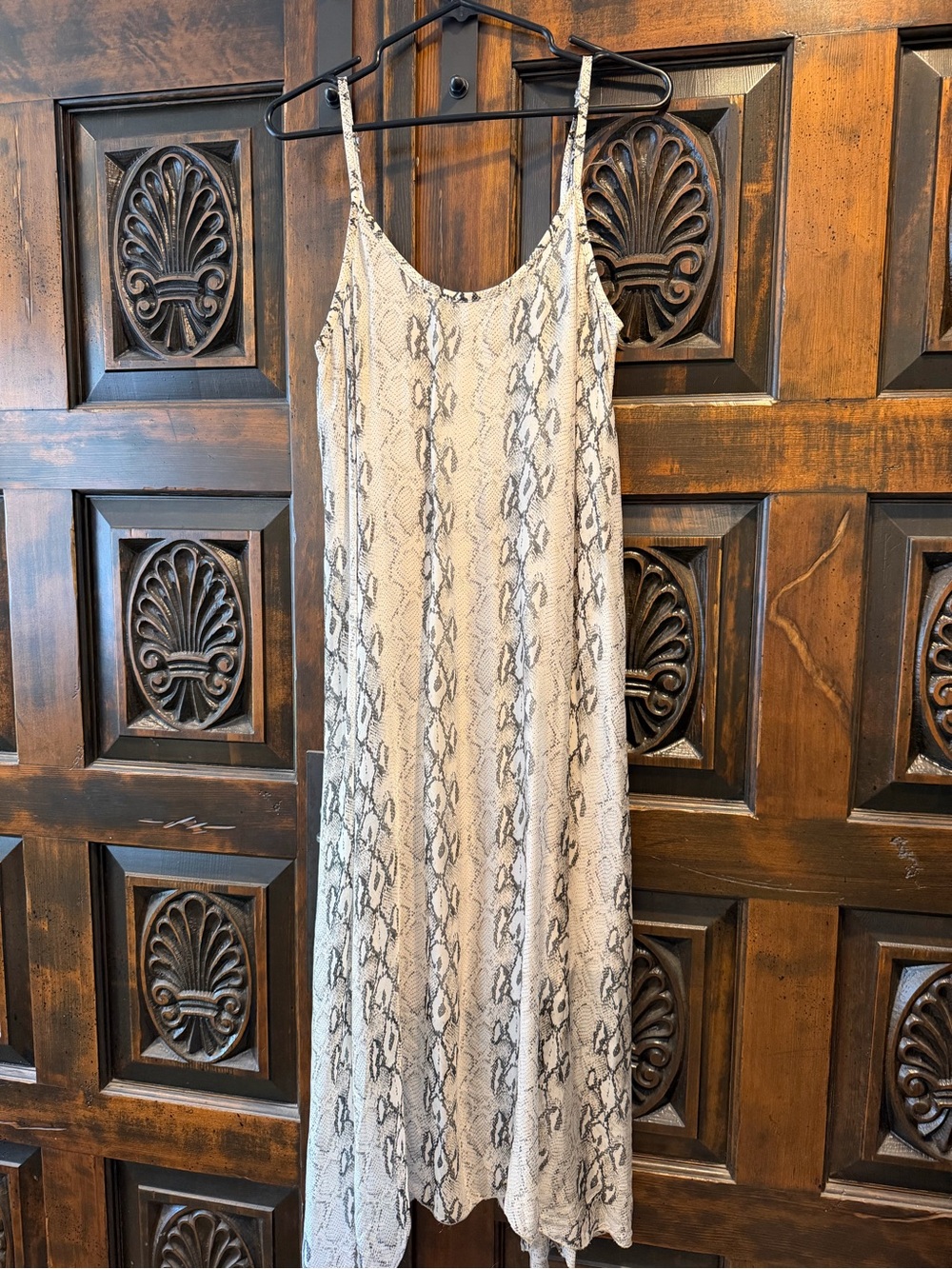 Beige Snake-Print Maxi Slip Dress with Spaghetti Straps